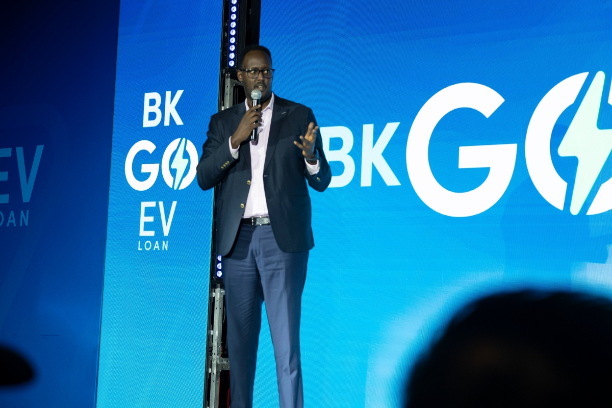 Levi Gasangwa, BK’s Chief Business and Corporate Solutions Officer,  speaks at the event while unveiling BK Go EV.