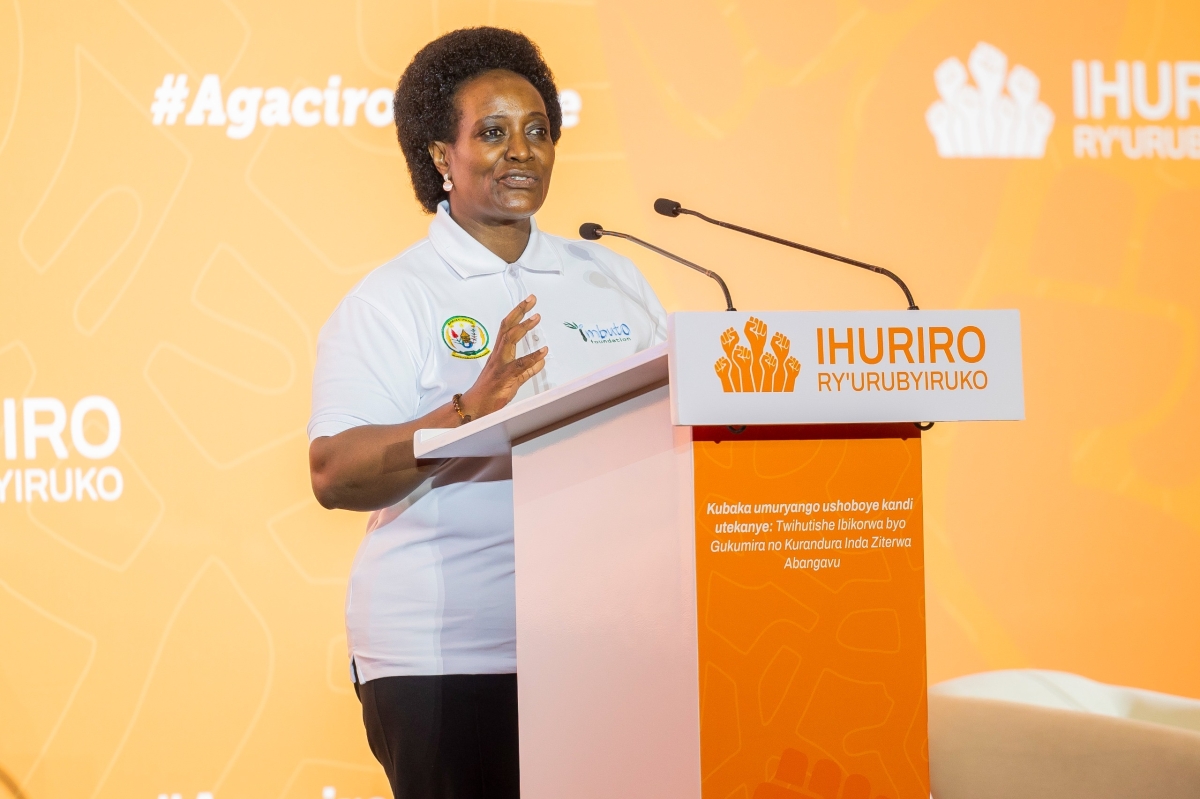 Minister of Gender and Family Promotion Consolée Uwimana speaks during the event held at Kigali Convention Centre.