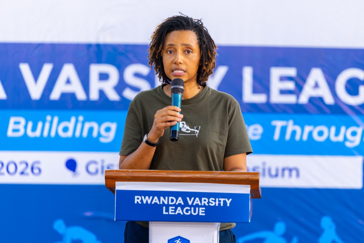 MINISPORTS Permanent Secretary Candy Basomingera speaks during the closing ceremony of the 2026 Rwanda Varsity League in Huye on Sunday