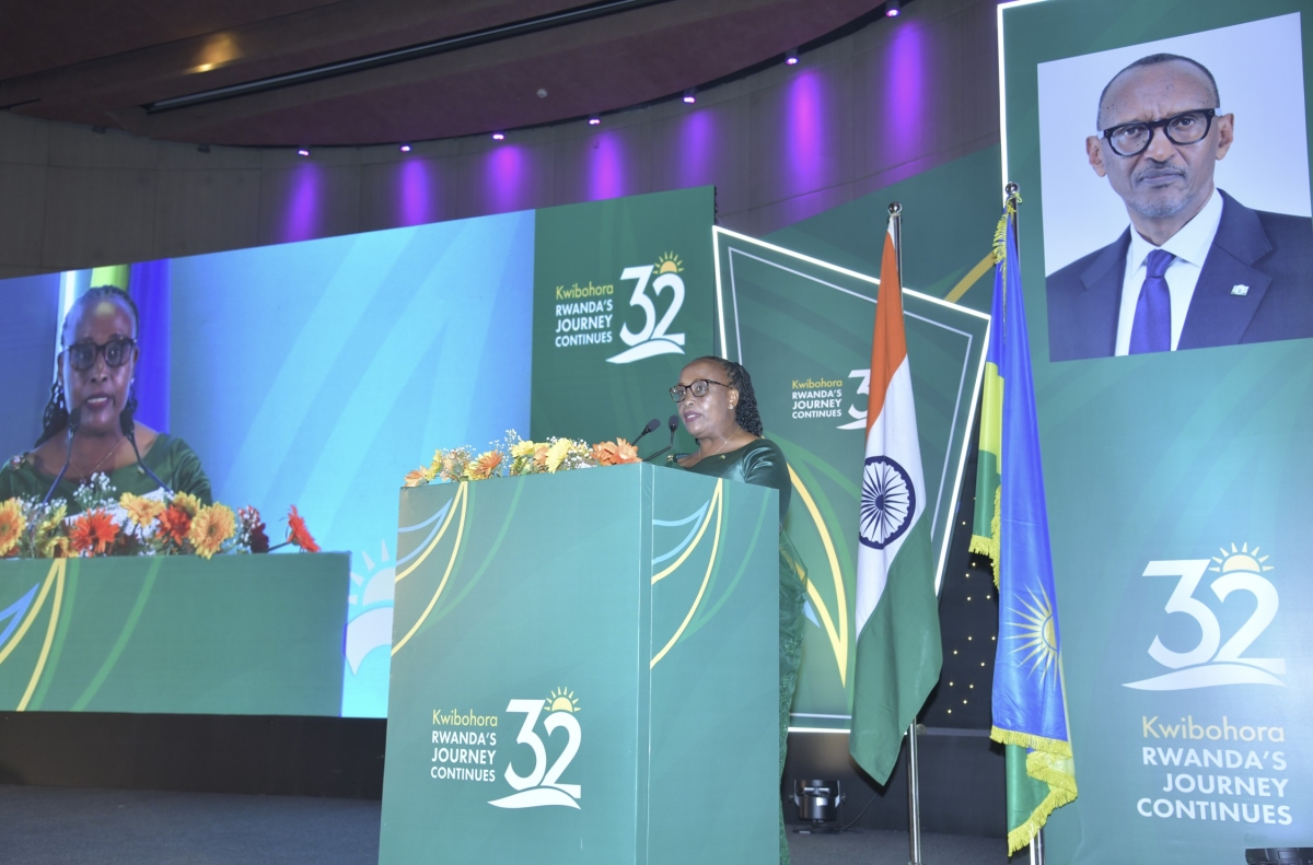 Amb. Jacqueline Mukangira speaks as Rwandans and friends of Rwanda in India gathered in New Delhi on Monday, July 6, to celebrate the 32nd anniversary of Liberation Day (Kwibohora32). 