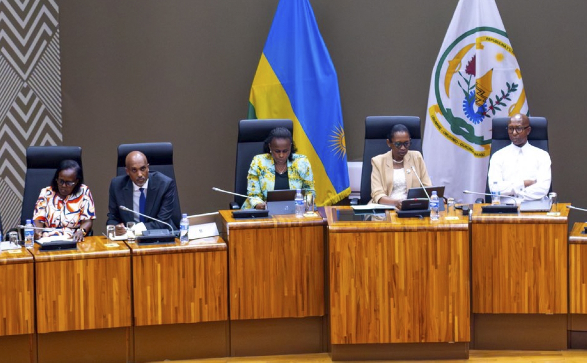 Justice Minister Emmanuel Ugirashebuja (2nd L) presenting the policy’s implementation progress before the Chamber of Deputies on July 7. Courtesy
