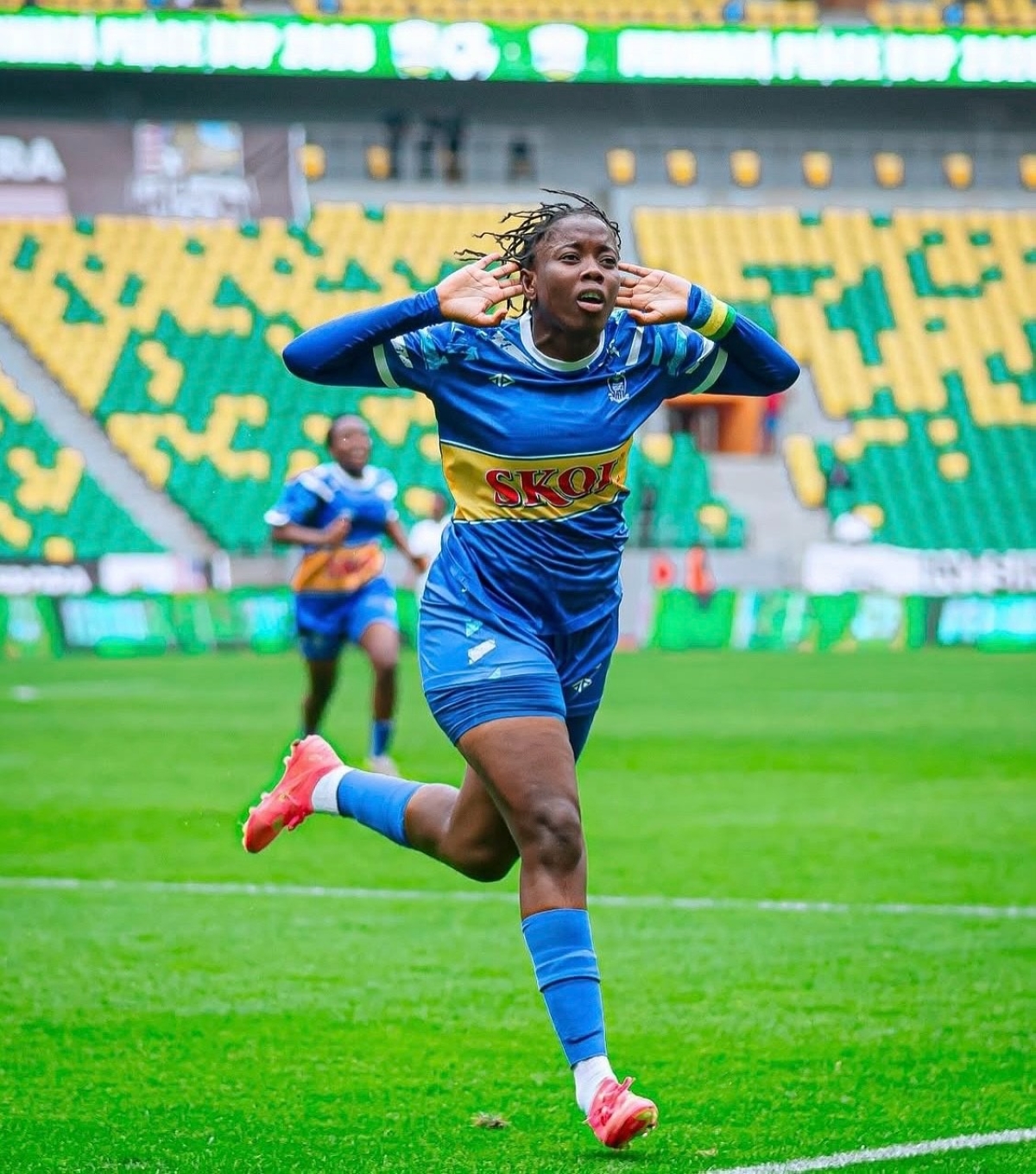 Coralie Odette Nguema celebrates after scoringa goal in Rayon Sports WFC's Super Cup final against Indahangarwa.