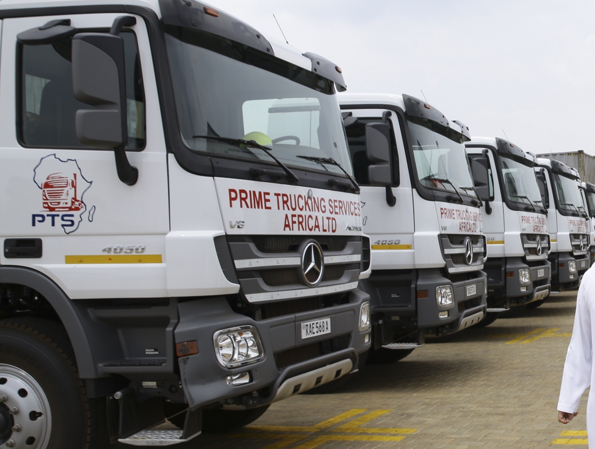 Some of the heavy trucks transporting cargo across East Africa for Dubai Port in Masaka in Kigali. File