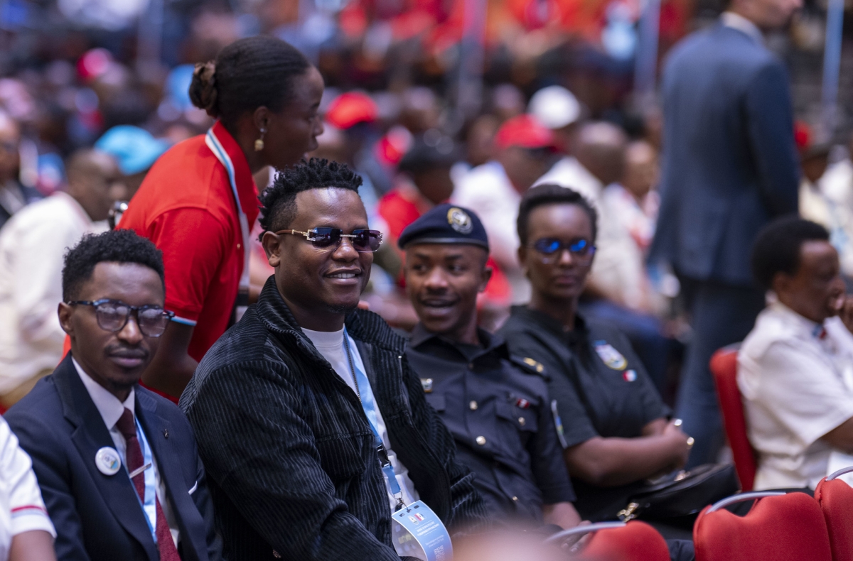 (L-R) Rwandan poet Junior Rumaga, Singer Bruce Melodie, former Miss Rwanda Aurore Kayibanda, were among celebrities who attended the meeting on Friday, July 17.