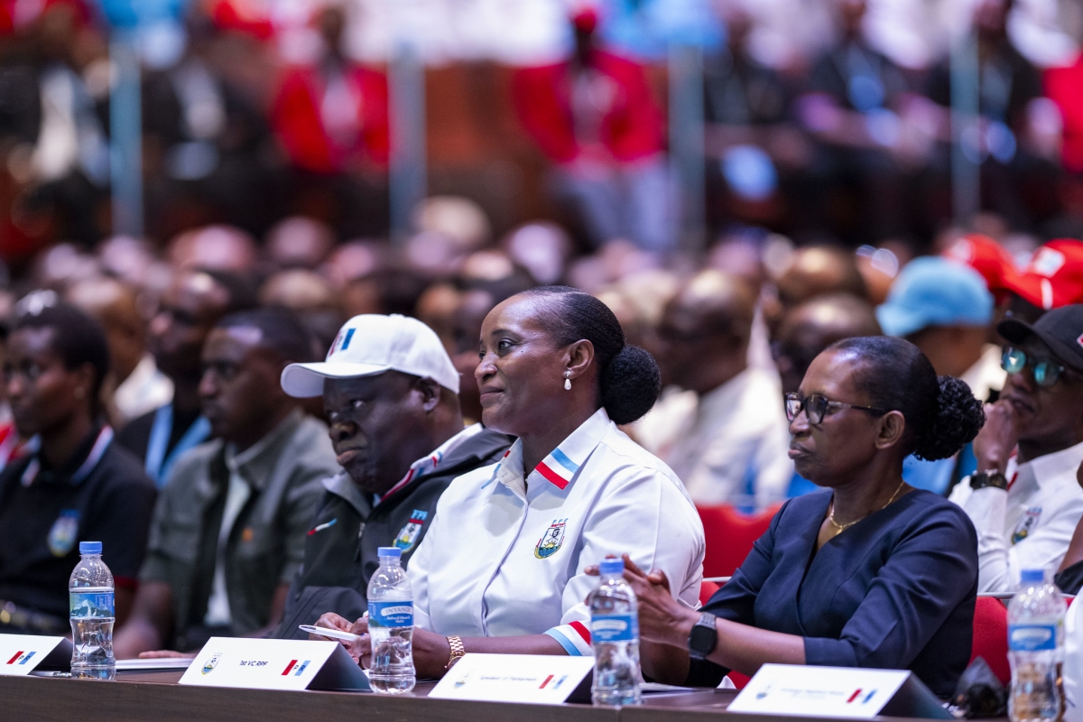 (L-R) RPF-Inkotanyi Secretary General, Christophe Bazivamo, RPF vice chairperson, Consolée Uwimana and Speaker of Parliament Lower Chamber Gerturde Kazarwa, follow President Kagame's remarks during the party’s Bureau Politique meeting in Rusororo, on Friday, July 17.
