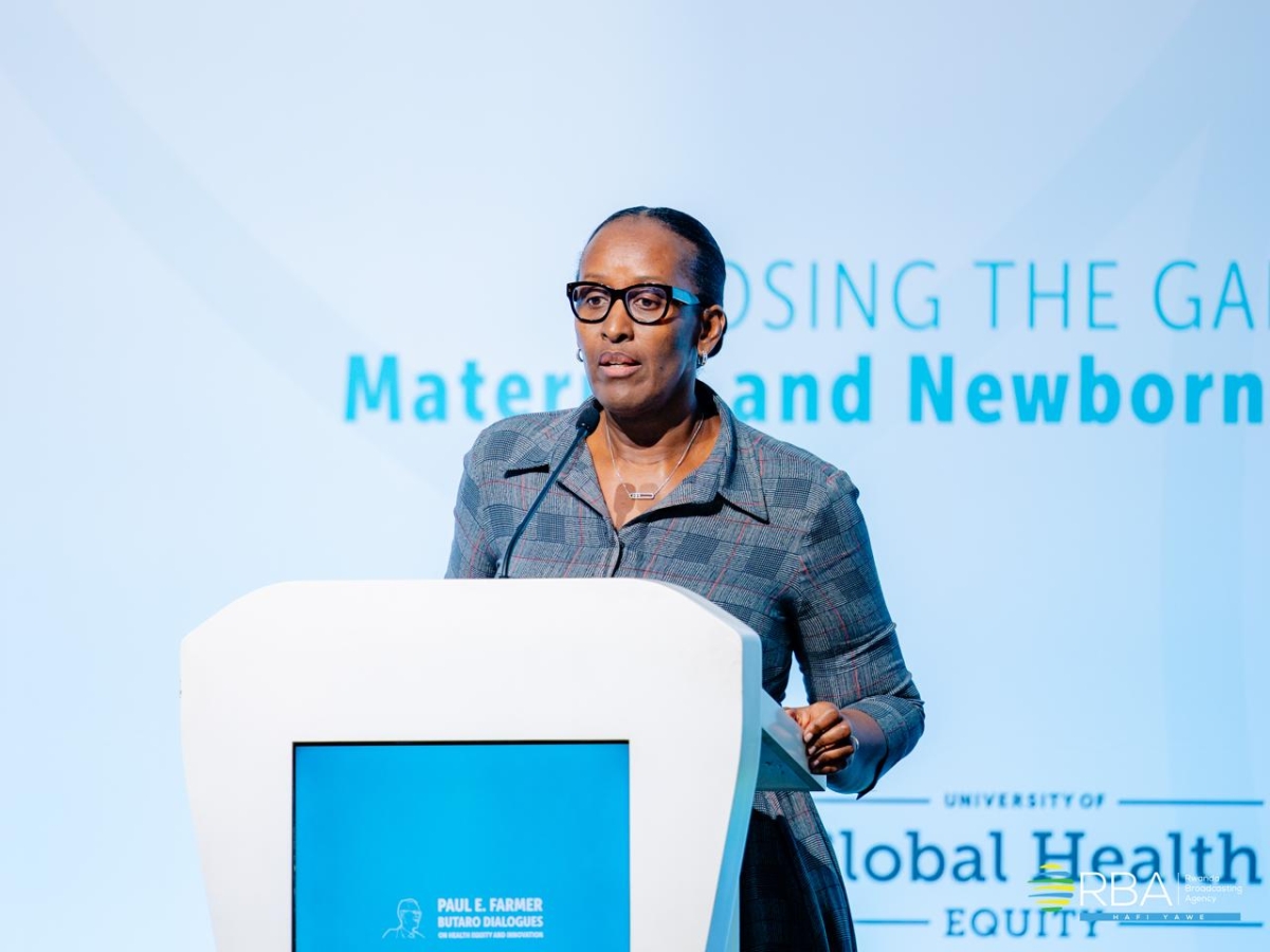 First Lady Jeannette Kagame delivers remarks during the inaugural Paul Farmer Butaro Dialogues on Health Equity and Innovation held at the University of Global Health Equity (UGHE), on Wednesday, July 22.