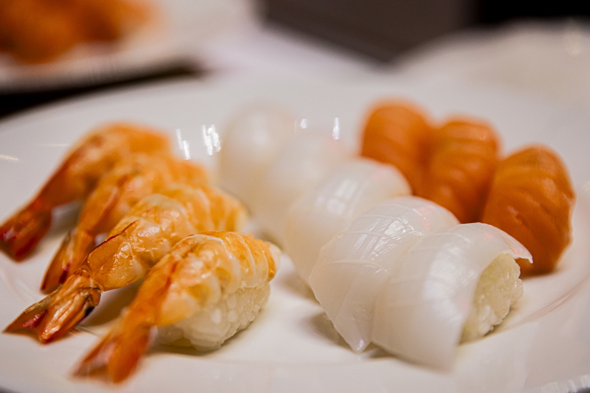 An assortment of freshly prepared sushi, including shrimp, squid, and salmon nigiri, that were displayed during the launch of the first-ever Japanese “Washoku” Culinary Demonstration