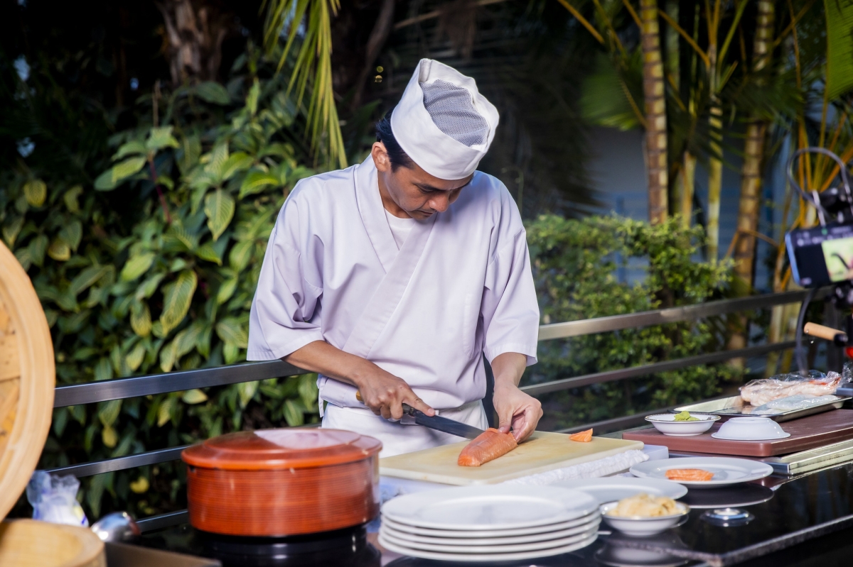 A cook prepares different dishes at the Japanese “Washoku” Culinary Demonstration