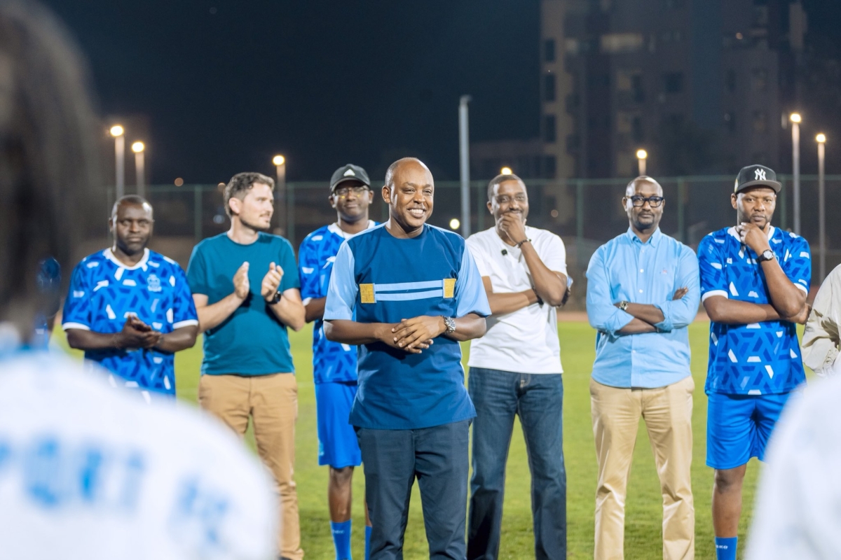 Rayons Sports president Abdallah Murenzi and team sponsors watch a training session ahead of CECAFA final.