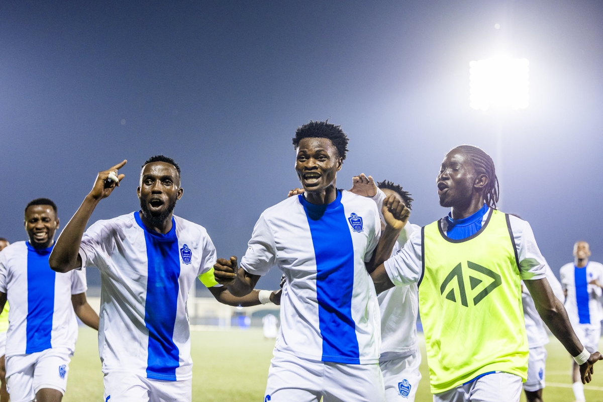 Rayon Sports players celebrate a 3-1 victory over South Sudan's Jamus SC in Tuesday's semifinal at Kigali Pele Stadium. Photos by Kellya Keza.