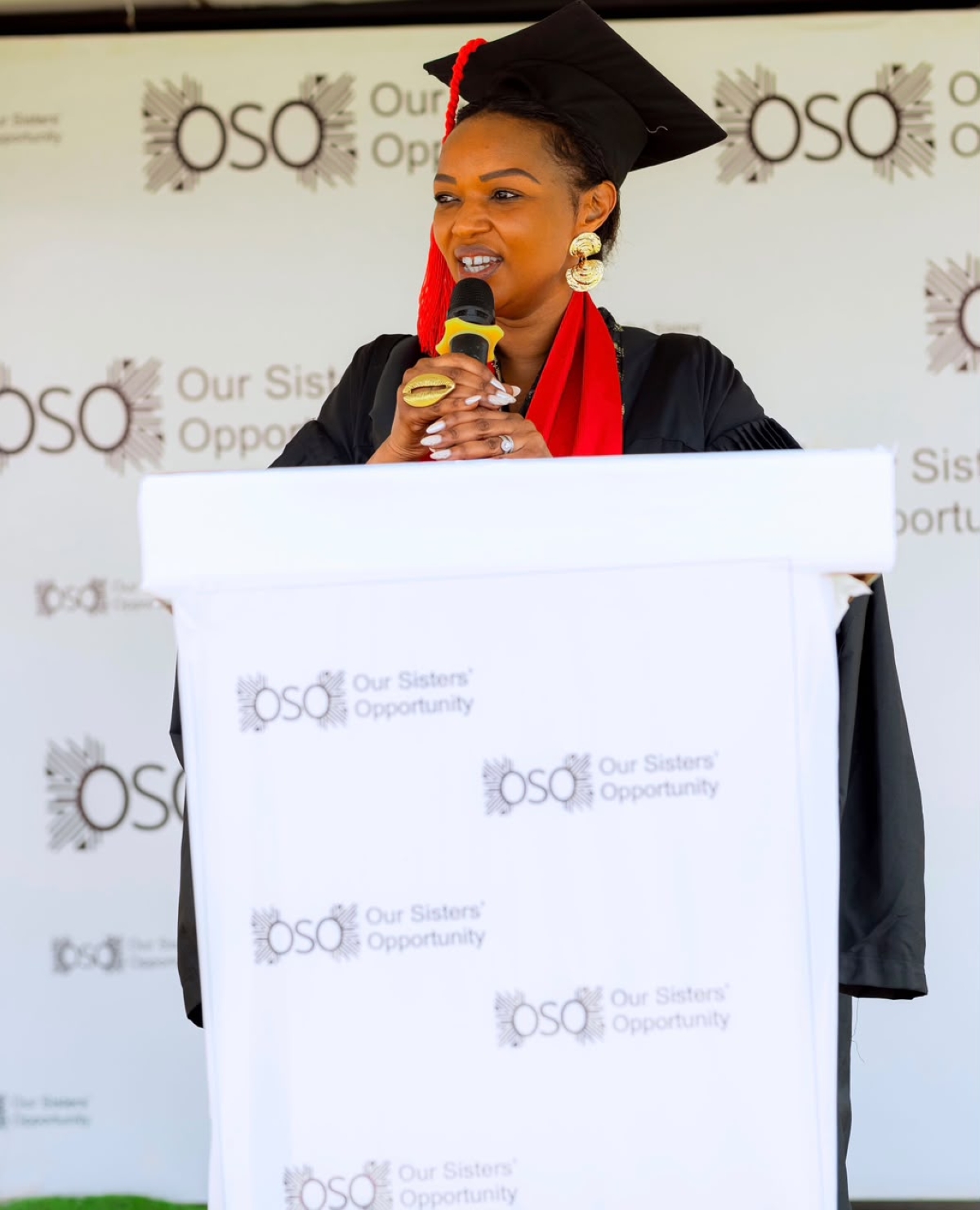 Delphine Uwamahoro, founder of Our Sisters’ Opportunity (OSO), speaks during the graduation ceremony, highlighting the organisation’s efforts to equip young women with skills for a better future. Courtesy photo