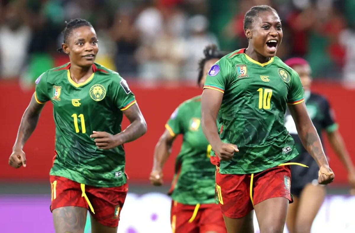 Naomi Eto of Cameroon celebrates a goal with teammates during Sunday’s WAFCON 2026 final against Malawi at Moulay El Hassan Stadium in Rabat