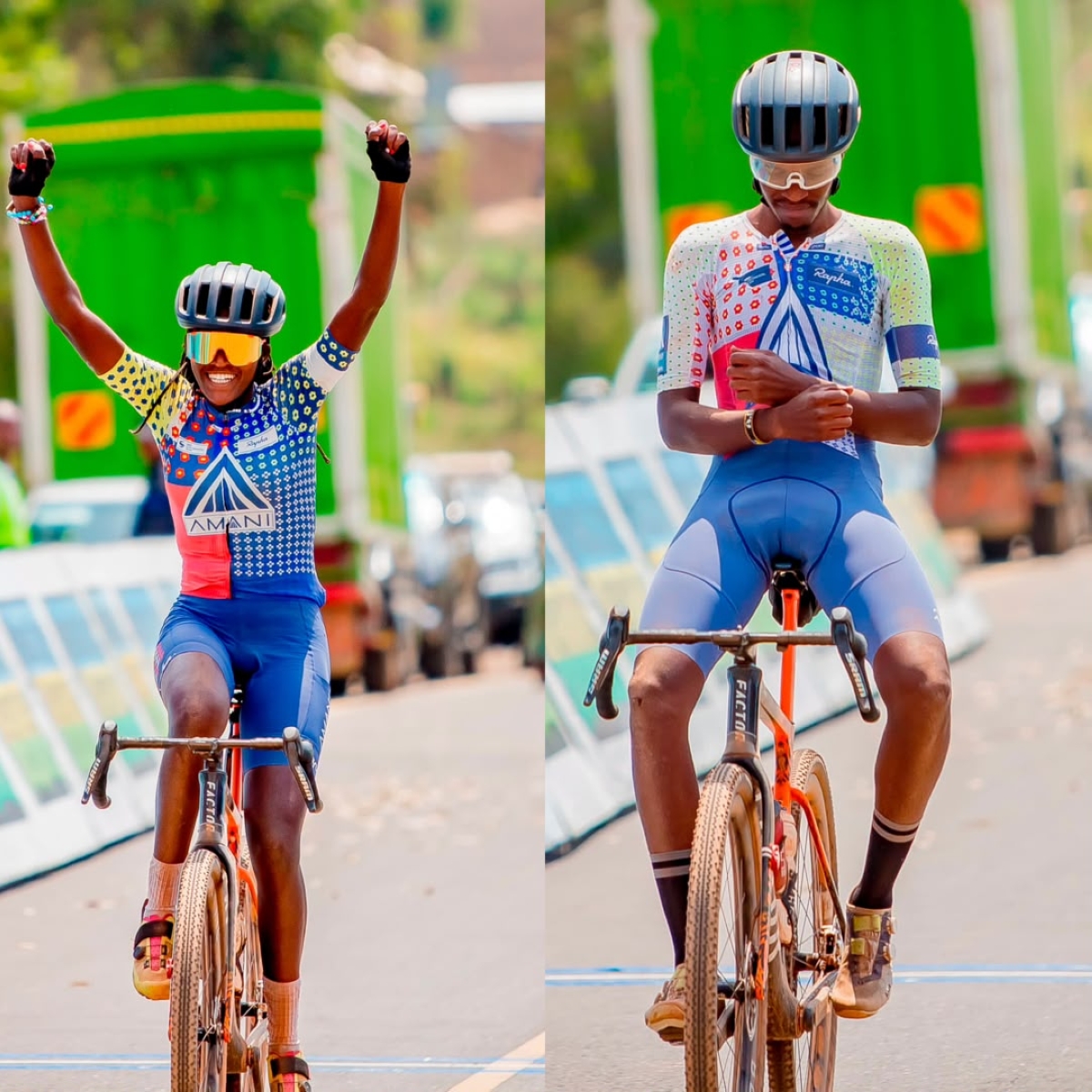 Eric Muhoza ( right) and Xaverine Nirere ( left) of Team Amani were crowned winners of the 2026 Umusambi Gravel Race on Saturday.