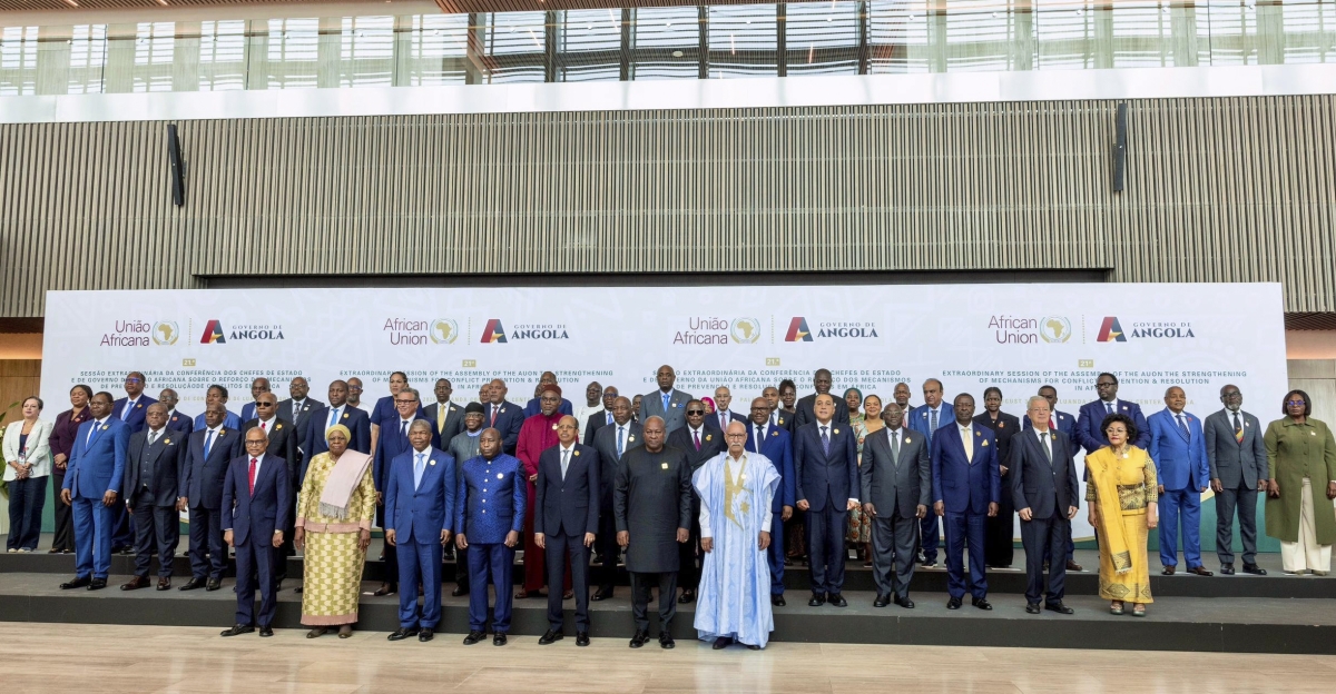 African leaders pose for a photo at the 21st Extraordinary Session of the Assembly of Heads of State and Government of the African Union (AU) in Angola  on Sunday, August 30.