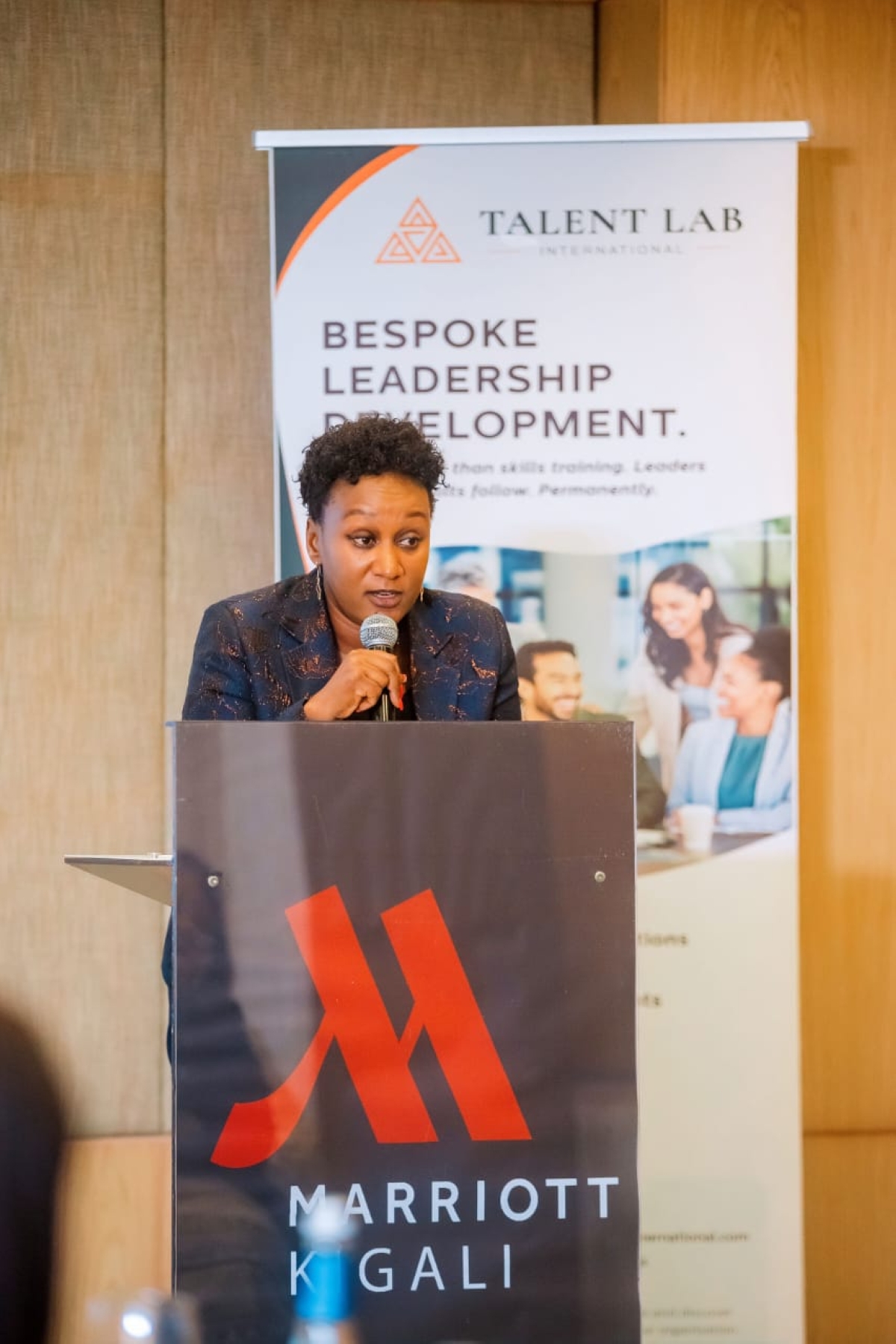 Diane Mukasahaha Kamanzi, chief executive officer of Dikam and vice-president of the Private Sector Federation at the national level, delivers her speech during the organisation’s official launch at Kigali Marriott Hotel on September 11.