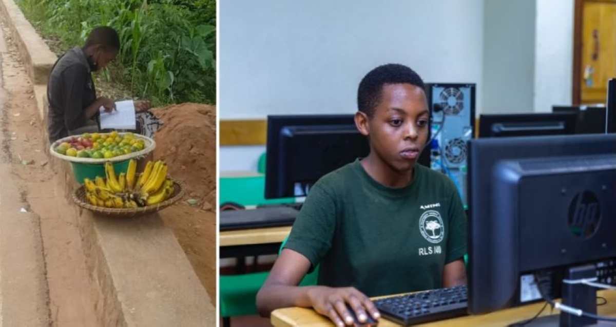 Left: Amina Uwikuzo does her homework while selling fruits on the street in 2022. Right: Uwikuzo in the computer lab at Rwamagana Leaders’ School, which awarded her a full scholarship after learning about her story.