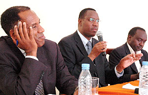 L-R: MP Ngirabakunzi, Minister Mitali and Mayor Byabarumwanzi at yesterdayu2019s press conference at Alpha Palace Hotel.