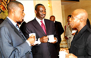 CHARTING WAY FORWARD: Generals Kabarebe (L), Nyakayirima and Kayimba share a light moment yesterday. (Photo/J. Mbanda)
