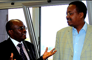 Kenyau2019s Daniel M. Yumbya (L) speaking to Dr Innocent Nyaruhirira yesterday at King Faisal Hospital. (Photo/ G. Barya)