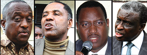 L-R: Suspended Liberal Party members, MPs Isaie Murashi and Elie Ngirabakunzi  the party treasurer. Party President Protais Mitali, is under petition while MP Emmanuel Mugabowindekwe (last from left) led the party probe team. (File Photos)
