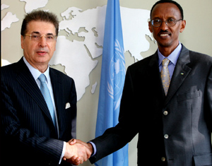 President Kagame with Dr Srgjan Kerim, President of the 62nd session of the General Assembly at the UN Headquarters. (Photo/PPU)