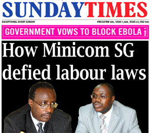 Today's Sunday Times' front page showing, the Minister of Public Service, Labour and Skills Development, Prof. Manasseh Nshuti (left) and SG of MINICOM Justin Nsengiyumva.