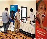 Rwantel staff at their stall during a recent exhibition at Kigali Serena Hotel. (Photo G/ Barya)