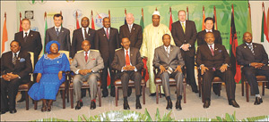 L-R,  FRONT ROW : Malawian President Dr  wa Muthalika, Swazi Deputy Premier Simelane, Presidents Wade (Senegal), Kagame, Compaore (Burkina Faso), Djiboutiu2019s Guelleh and Nkurunziza of Burundi. BACK ROW: European Union Representative J. M Briosa Gala, Genev
