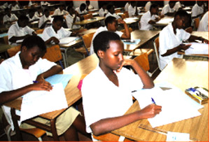 Senior six candidates doing their second examination paper yesterday at Notre Dame de Citeaux in Kigali City. (Photo/J. Mbanda)