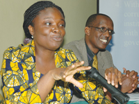 Kwakwa speaking while the Public Relations Officer of WB Country Office, Rogers Kayihura, looks on. (File photo)