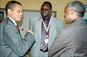 L-R: Dr Emmanuel Ndahiro, Chairperson of Cissa Panel of Experts Du2019Agou00f4t Majak and Foreign Minister Dr Charles Murigande at the Cissa Second Core-Business workshop yesterday at Prime Holdings Conference Centre, Kimihurura. (Photo/G. Barya)