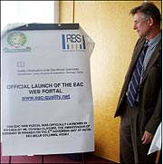 Germany Ambassador to Rwanda Christian Clagues launching a web portal in Kigali.