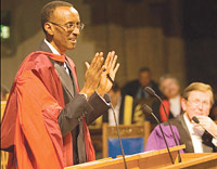 Kagame delivering a lecture after he was conferred upon an honorary degree of Doctor of Laws at the University of Glasgow, Scotland, on Wednesday night.