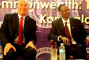 President Kagame and Don Mckinnon (L),the Commonwealth Secretary General, at the Commonwealth Business Forum in Kampala yesterday. (Photo/C. Kazoba)