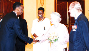 ROYAL HANDSHAKE: President Paul Kagame greets Queen Elizabeth II, while Ugandau2019s First Lady Janet Museveni (centre) and Prince Phillip, the Duke of Edinburgh, look on.