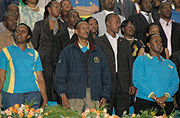 (L-R) Kigali City Mayor, President Paul Kagame and the first Lady, Jennette Kagame, at Amahoro stadium during celebrations. (Photo / G. Barya)