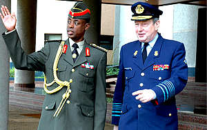 Chief of General Staff General James Kabarebe welcoming the Belgian Chief of Defence General August Van Daele at Ministry of Defence offices yesterday. (Photo/ G.Barya)