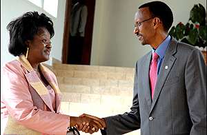 President Paul Kagame welcomes  Gabonu2019s Foreign Affairs Minister Laure Olga Ngoundjout at Village Urugwiro yesterday. (Photo/G. Barya)