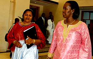 Mrs Kagame after opening the workshop for women entrepreneurs from East Africa at Prime Holdings Conference Centre, Kimihurura yesterday. Left is the Minister of Gender and Family Promotion in the Prime Ministeru2019s Office, Valerie Nyirahabineza. (Photo/G.