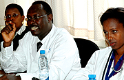 Dr Hategekimana (centre), the hospital administrator Joy Atwine (left) and Dr Constance Mukabatsinda at the press conference yesterday. (Photo/J. Mbanda)