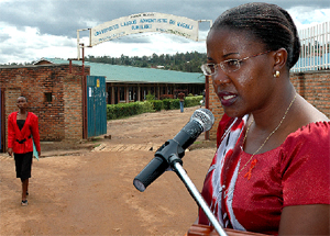 Graphic illustration showing the front view of the Universitu00e9 Lau00efque Adventiste de Kigali (Unilak). Inset is the Education minister Dr Jeanne du2019Arc Mujawamariya