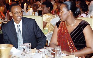 President Paul Kagame and his wife Jeannette, at his 50th birthday celebration. (Courtesy photo)