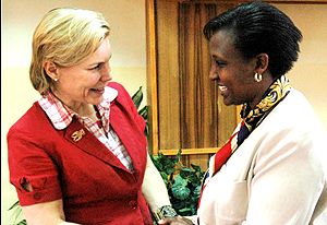 State Minister for regional Cooperation Rosemary Museminari welcomes Swedenu2019s Minister for International Development and Cooperation Gunilla Carlsson at the Ministry of Foreign Affairs yesterday. (Photo/J. Mbanda)