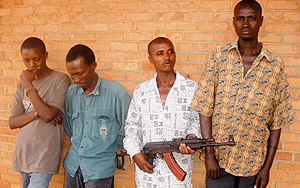 L-R : Nzabonikuze, Murwanasyaka, Gashaija and Rubayita at Kicukiro Police Station. (Photo/ F. Mutesi)