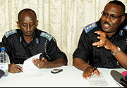 Habyara (right) flanked by Namuhoranye (centre) addressing the press on Tuesday.