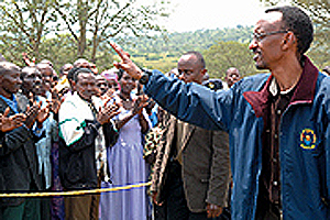 President Kagame greets the residents of Karangazi on arrival for the land re-distribution exercise on Wednesday. (PPU photo)