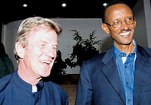 President Kagame and Kouchner address the press after their meeting on Saturday at Village Urugwiro. (PPU Photo)
