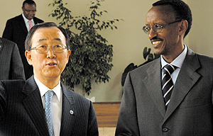 President Paul Kagame and the UN Secretary General Ban Ki-moon after their meeting at Village Urugwiro yesterday. (Photo/G. Barya)