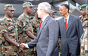Bush and Kagame greeting members of the RDF who have previously served in Darfur, Sudan. (PPU photo)