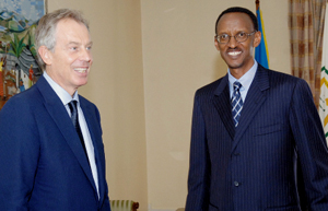 President Kagame and his new advisor former UK premier Blair at Village Urugwiro yesterday. (PPU photo)